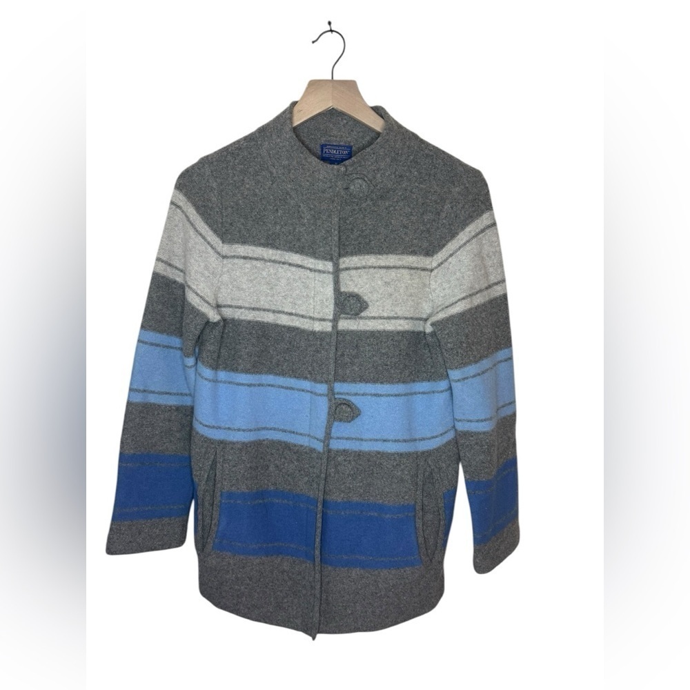 Pendelton Lambs Wool Cardigan Coat Size M Striped Grey Blue